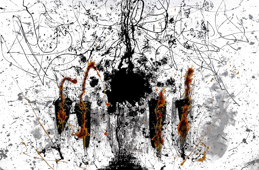 Dipinto su tela cm.150x100 su sfondo bianco e 4 pilastri neri infuocati al centro. Quando biblicamente la terra poggiava sui quattro pilastri di magma primordiale, quando un ancestrale sole nero innescava la vita, quando non c'erano dubbi ma solo certezze. Un tuffo nel lontano passato, un inevitabile ritorno alle radici che penso stia segnando l'inizio della fine della mia vita artistica