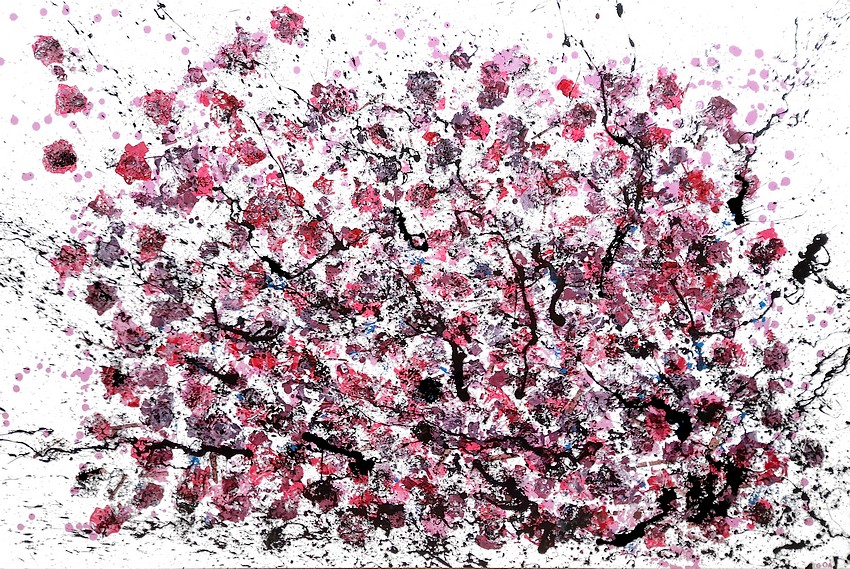 QUESTO QUADRO DI GRANDI DIMENSIONI CM. 150X100 RAFFIGURA LA NATURA AL SUO STATO PIU' PURO RAPPRESENTATO DALLA FIORITURA DELL'ALBERO DEL MANDORLO DOVE LA FIORITURA DEL FIORE TRASMUTA IL SUO COLORE DAL BIANCO AL ROSA, AL BORDEAUX, AL VIOLA, AL ROSSO. UN'INFINITA' DI SFUMATURE E FRAGRANZE CHE ATTIRANO LE API COME UN RICHIAMO IRRESISTIBILE DONANDO LORO UN NUTRIMENTO SPECIALE CHE SOLO IL POLLINE DEL MANDORLO PUO' DONARLE. UN CICLO DI VITA CHE RICHIAMA L'INFINITO, LA PUREZZA ED IL CANDORE. LA TELA DEL QUADRO HA UNO SFONDO BIANCO LATTE E SOPRA AD ESSA SI SPRIGIONA UN ENERGICO ACTION PAINTING COLOR NERO E ROSA, CHE DONA ALLA TELA PITTORICA UN'ASTRAZIONE ESTREMA E AL TEMPO STESSO RILASSANTE