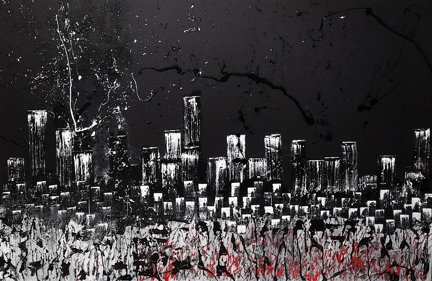Pittore Goa realizzazione quadri astratti moderni in stile action painting, tela raffigurate la città di New York di notte notturno