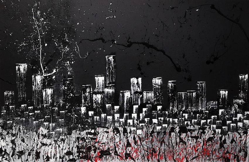 Pittore Cagliaritano Goa firma questo bellissimo quadro con sfondo nero e dimensioni di cm. 150x100 con la città di New York in una notte stellata