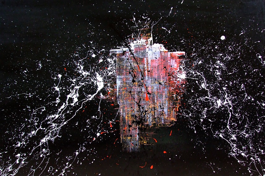 In questo quadro di grandi dimensioni cm. 150x100 una città fluttua nel buio del cosmo apparendo come un miraggio chiamato Fata Morgana