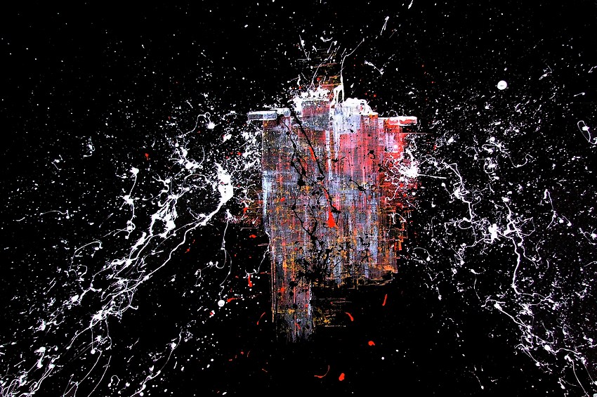 Dipinto di grandi dimensioni cm. 150x100 con sfondo colore nero opaco simboleggiante una città che spunta dallo spazio profondo