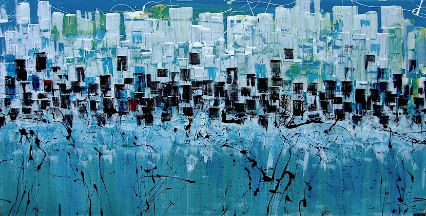 QUADRO PANORAMICO SU TELA FIRMATO PITTORE GOA RAFFIGURANTE LA CITTA DI NEW YORK DURANTE UNA TEMPESTA DIPINTO CON COLORI ACRILICI BRILLANTI BLU CELESTE E BIANCO