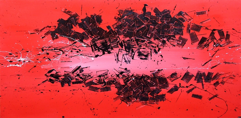 Pittore Goa realizzazione quadri astratti moderni in stile action painting, tela raffigurate un concetto molto profondo base del Cristianesimo dai colori rosso e nero