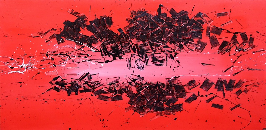 Quadri moderni firmati artista Goa una tela panoramica cm. 150x80 con colori rosso profondo nero e action painting bianco raffigura il colosseo, la vita del passato e il Cristianesimo