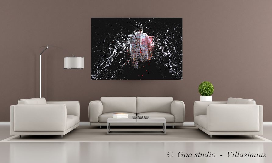 I QUADRI DI GOA NEI MIGLIORI ARREDAMENTI MODERNI E CLASSICI CON DIVANO IN PELLE BIANCO QUADRO DI GRANDI DIMENSIONI CM. 150X100 CON SFONDO NERO E ACTION PAINTING BIANCO