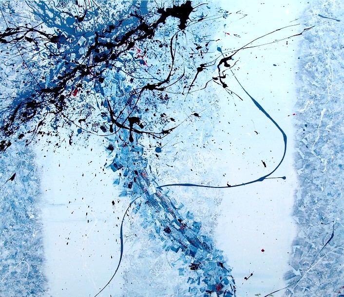 Pittore Sardo Goa realizza quadri moderni. In questa tela con sfondo bianco e action painting color azzurro e nero, la musica di modest mussorgsky ispira questa opera al maestro Goa