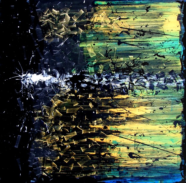 GRANDE DIPINTO QUADRATO CM. 100X100 FIRMATO PITTORE GOA ISPIRATO DALLA MUSICA CLASSICA DI MUSSORGSKY CON COLORI NERO GIALLO BLU E BIANCO