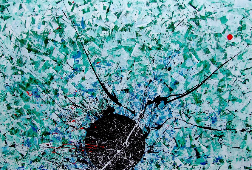 Quadro di grandi dimensioni cm. 150x100 dedicato al pianeta x Nibiru il pianeta oscuro con colorazioni verde verde acqua e action painting nero