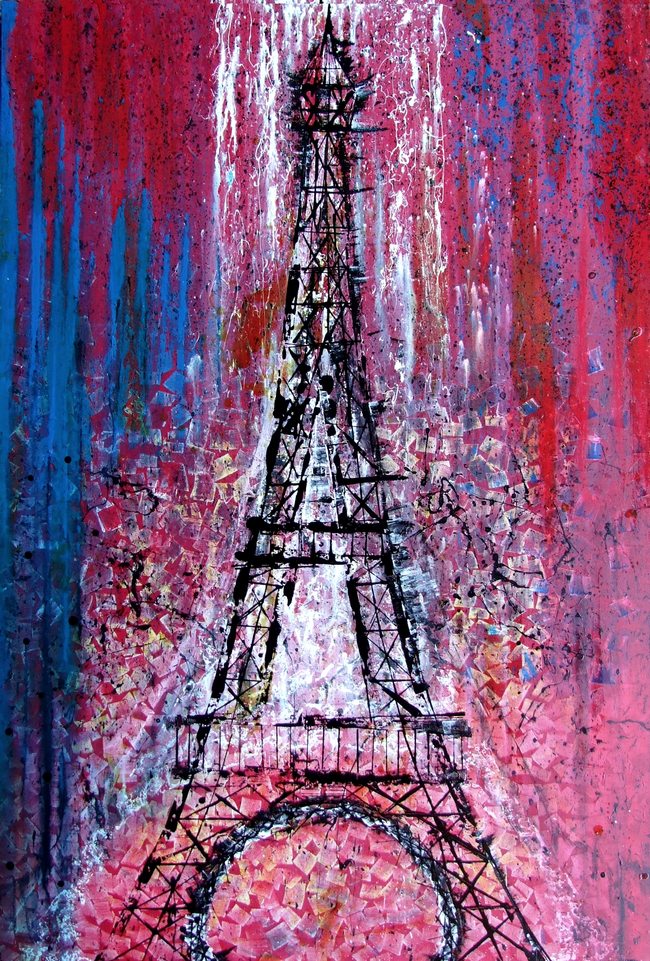DIPINTO DI GRANDI DIMENSIONI CON ORIENTAMENTO VERTICALE E DIMENSIONI CM. 150X100 RAFFIGURANTE LA TORRE EIFFEL TOUR CON COLORI ROSSO PORPORA E ACTION PAINTING BIANCO E NERO