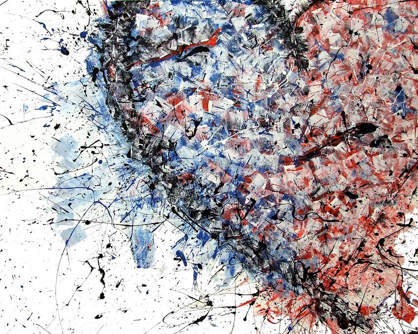 quadri moderni famosi su tela firmati Goa un grande cuore astratto dipinto su uno sfondo color celeste bianco con spatolate rosso vivo ed action painting nero dimensioni cm. 100x80