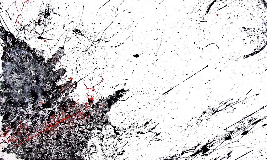 QUADRI ASTRATTI DI GRANDI DIMENSIONI CM 150X90 CON SFONDO BIANCO, UN ACTION PAINTING NERO SIMULANTE UN VELIERO ED UNA LINEA ROSSA CHE VIAGGIA NELLO SPAZIO