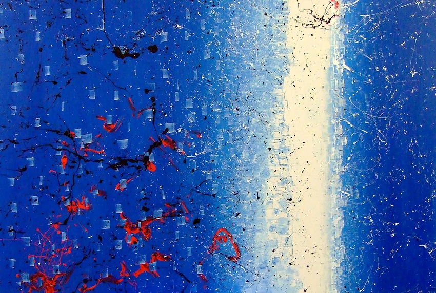 DIPINTI ASTRATTI DI GRANDI DIMENSIONI CM. 150X100 UN GRANDE BLU CHE POTREBBE RAPPRESENTARE IL MARE ED UN ACTION PAINTING BIANCO SIMULANTE LA SPUMA DELLE ONDE