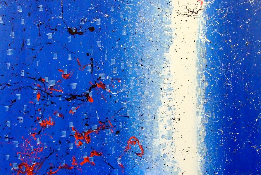 un quadro di grande formato, dimensioni cm. 150x100, un grande sfondo blu cobalto ed un abbagliante flash color bianco che si dirada con un action painting rosso e nero