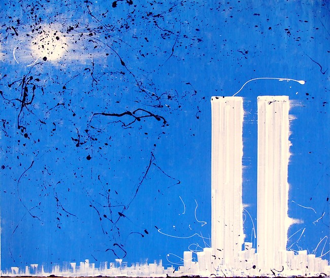 quadri moderni astratti cm. 120x100 le twin towers o torri gemelle immortalate in una sera di estate con la luna sullo sfondo