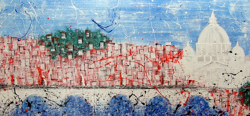quadri moderni firmati Goa, dipinto realizzato su commissione con una panoramica di Roma e la basilica di San Pietro bianca cm. 130x60