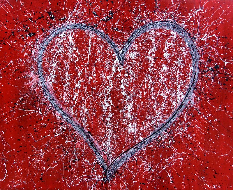 GOA QUADRI ASTRATTI MODERNI, DIPINTO SU COMMISSIONE CM. 170X130 CON UN GRANDE CUORE BIANCO SU SFONDO ROSSO ED ACTION PAINTING NERO