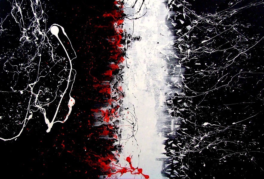 FABRIZIO SANNA FA PARTE DEI PITTORI ED ARTISTI SARDI - GRANDE QUADRO CM. 100X150 CON SFONDO NERO OPACO ED ACTION PAINTING COLORE BIANCO E ROSSO