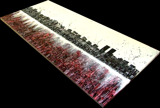 IL GRANDE DIPINTO DEL PITTORE SARDO CON I COLORI DELLA METROPOLI GRIGIO NERO E ROSSO