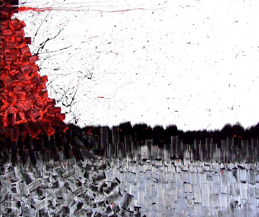 QUADRO D'AUTORE CON TECNICA ACTION PAINTING INTITOLATO NEW YORK LA CADUTA DEL CAPITALISMO