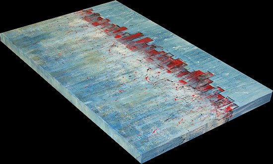 IL QUADRO REALIZZATO PER LE NOZZE DEGLI SPOSI DI CAGLIARI CON I SUOI COLORI AZZURRO MARE BIANCO E ROSSO