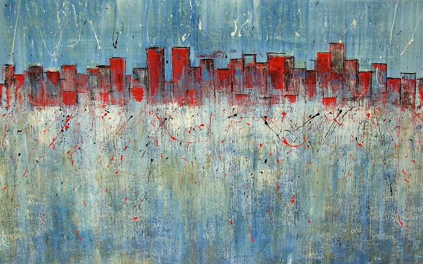 QUADRO SU COMMISSIONE CON LO SKYLINE DI NEW YORK COLORE ROSSO BIANCO E AZZURRO CM 50X80
