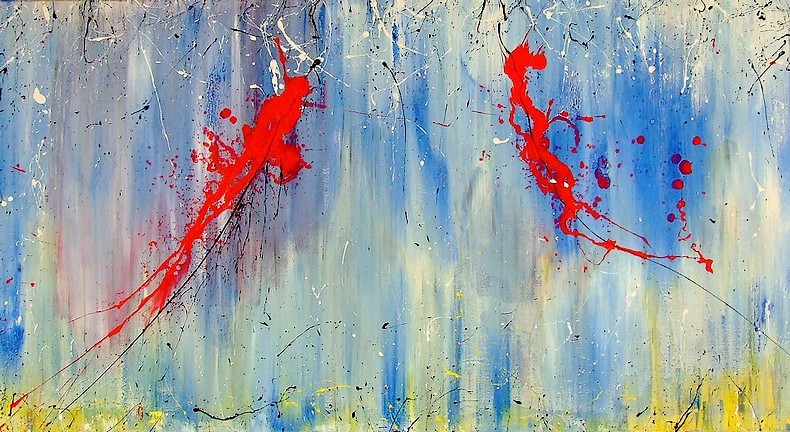 DIPINTO MODERNO REALIZZATO SU TELA CON COLORI CHIARI, CELESTE ROSSO E GIALLO, TITOLO TE QUIERO MUCHO