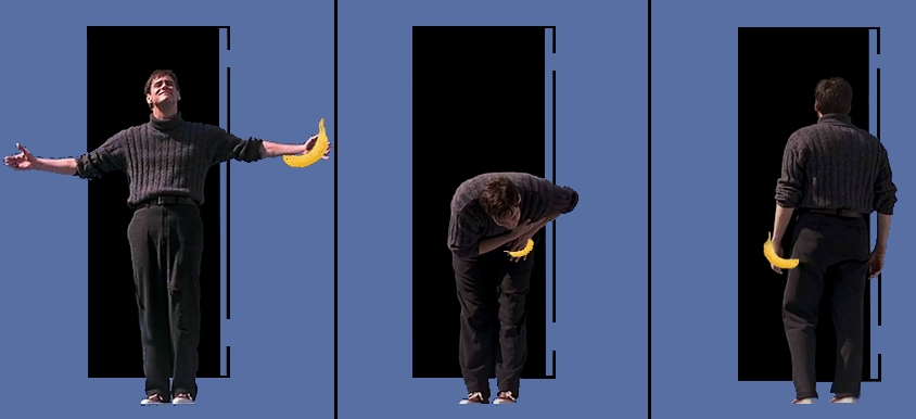 L'artista Goa esce di scena dal panorama del mercato internazionale dell'arte tenendo in mano la banana di Cattelan uscindo finalmente dal Truman show contemporaneo