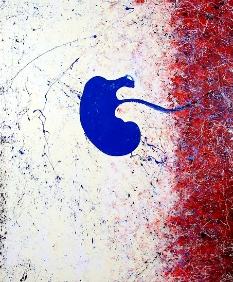 QUADRI ASTRATTI MODERNI REALIZZATI A MONO E SU COMMISSIONE CM. 200X170 CON COLORI ACRILICI BIANCO ROSSO E BLU RAFFIGURANTE UN GREMBO MATERNO